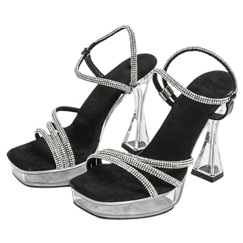 Wsbjbo 12 Cm Große Sandalen Für Damen, Große Größe, Stiletto, Quadratische Zehen, Offene Zehen, Plateau, High Heels, Schuhe, Abendabsätze Für Den Sommer,Schwarz,37 EU von Wsbjbo