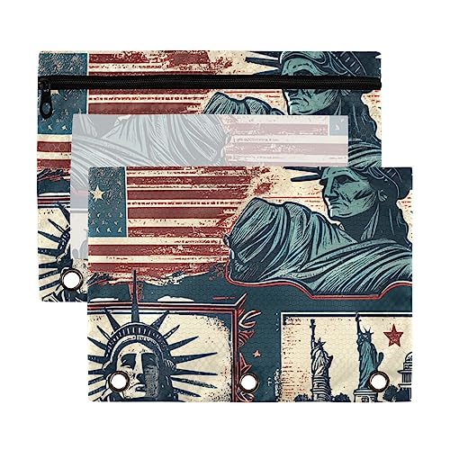 American Vintage Statue of Liberty Independence Day Schwarz 3 Ringbuch Bleistiftbeutel 2 Stück Kunststoff Recycelte Transparent Wasserdicht Federmäppchen mit Reißverschluss Schreibwaren Zubehör von Wudan