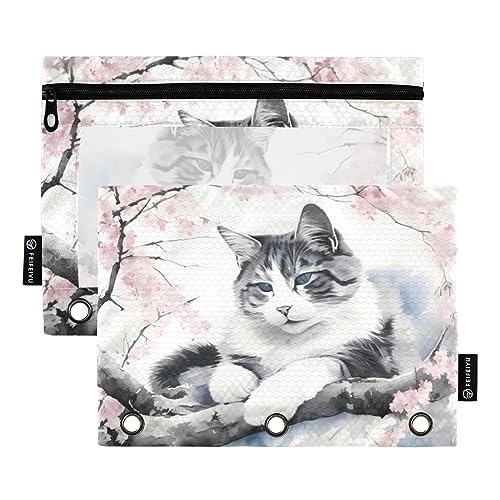 Federmäppchen, Katzen-Aquarell-Stil, Schwarz und Weiß, Rosa, 3 Ringe, 2 Stück, transparent, wasserdicht, Kunststoff, mit Reißverschluss, Kosmetiktasche, Büro-Dokumenten-Organizer von Wudan