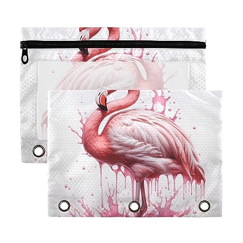 Federmäppchen mit 3 Ringen, Flamingo, Aquarellfarben, Rosa, Weiß, 2 Stück, transparent, wasserdicht, Kunststoff, mit Reißverschluss, Kosmetiktasche, Büro, Dokumenten-Organizer von Wudan