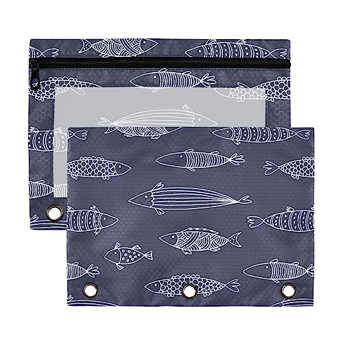 Fische Doodle Animal dunkelblaue 3-Ringbuch-Federmäppchen, 2 Stück, durchsichtig, wasserdicht, Kunststoff-Federmäppchen mit Reißverschluss, Kosmetiktasche, Büro-Dokumenten-Organizer von Wudan