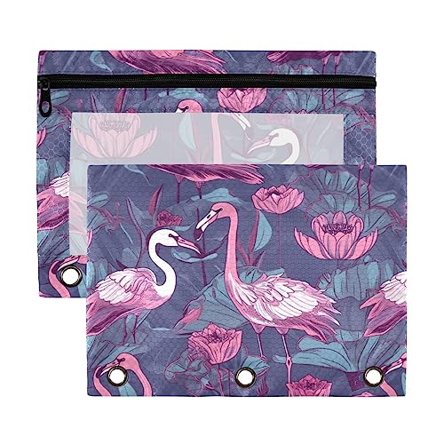 Flamingos und rosa Blumen auf blauem 3-Ringbuch-Federmäppchen, 2 Stück, transparent, wasserdicht, Kunststoff, mit Reißverschluss, Kosmetiktasche, Büro-Dokumenten-Organizer von Wudan