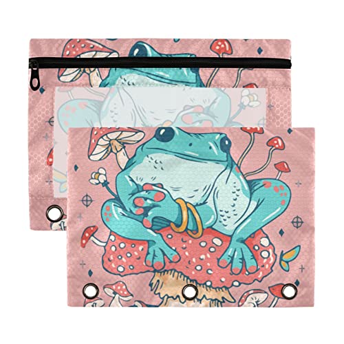 Frosch-Fliegenpilz, Schmetterlinge, Pink, 3 Ringe, Bleistiftbeutel, 2 Stück, Kunststoff, recycelt, transparent, wasserdicht, mit Reißverschluss, Schreibwaren-Zubehör von Wudan