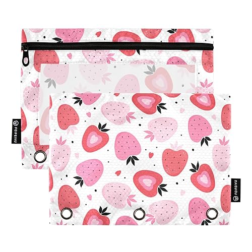 Handgezeichnete Erdbeeren Liebe Rosa Rot 3 Ring Binder Bleistift Beutel Set von 2 Klar Klar Dokumententaschen Binder Bleistift Fall Schreibwaren Organizer Bürobedarf von Wudan