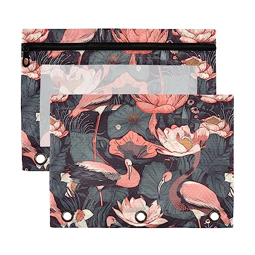 Rosa Flamingo auf Retro 3 Ringbuch-Federmäppchen, 2 Stück, transparent, wasserdicht, Kunststoff, mit Reißverschluss, Kosmetiktasche, Büro-Dokumenten-Organizer von Wudan