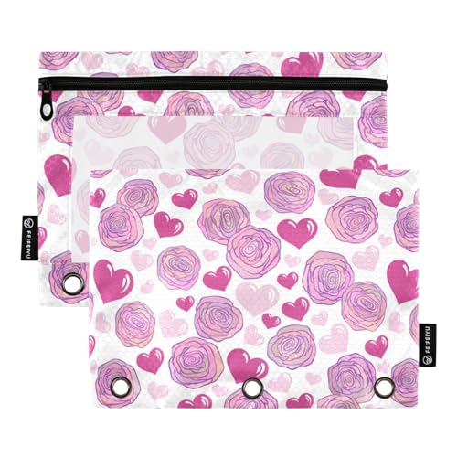 Rosa Rosen Herzen auf Weiß Valentinstag 3 Ring Binder Bleistift Tasche 2 Pack Clear Zipper Pencil Case Soft Pencil Case Schreibwaren Zubehör Bürobedarf von Wudan