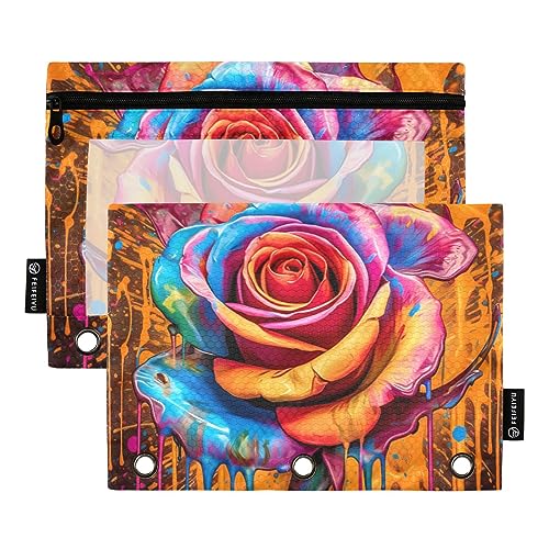 Rose Wallart Federmäppchen, Rot, 3 Ringe, 2 Stück, transparent, wasserdicht, Kunststoff, mit Reißverschluss, Kosmetiktasche, Büro, Dokumenten-Organizer von Wudan