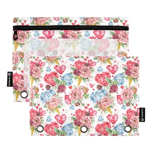 Wudan Aquarell Rose Blume Rot Herz Valentine 3 Ring Binder Bleistift Beutel Set von 2 Reißverschluss Wasserdicht Federmäppchen Mit Reißverschluss Schreibwaren Zubehör Bürobedarf von Wudan