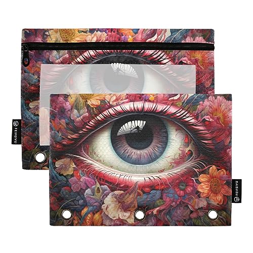 Wudan Augen Rosa Rot 3 Ring Binder Federmäppchen 2 Pack Transparent Wasserdicht Kunststoff Federmäppchen mit Reißverschluss Kosmetiktasche Büro Dokument Organizer von Wudan