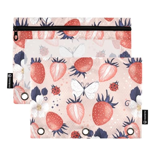 Wudan Erdbeeren Blumen Schmetterlinge Marienkäfer Rosa 3 Ring Binder Bleistift Beutel 2 Pcs Kunststoff Wasserdichte Kosmetiktasche Federmäppchen Mit Reißverschluss Schreibwaren Versorgung Zubehör von Wudan