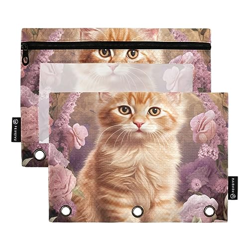 Wudan Federmäppchen, Motiv: Katze, Ölgemälde, Rosa, 3 Ringe, 2 Stück, transparent, wasserdicht, Kunststoff, mit Reißverschluss, Kosmetiktasche, Büro-Dokumenten-Organizer von Wudan