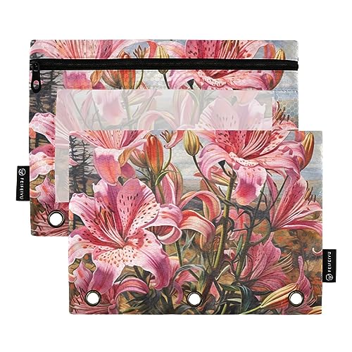 Wudan Foxtail Lily Federmäppchen mit 3 Ringen, transparent, wasserdicht, Kunststoff, mit Reißverschluss, Kosmetiktasche, Büro-Dokumenten-Organizer, Pink / Rot, 2 Stück von Wudan