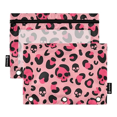 Wudan Halloween Schädel Leopard Camouflage Pink 3 Ring Binder Bleistift Beutel 2 Pack Wasserdicht Klar Aufbewahrungstasche Binder Bleistift Fall Bürobedarf Zubehör von Wudan