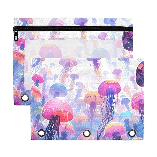 Wudan Jellyfish Ocean Federmäppchen mit 3 Ringen, transparent, wasserdicht, Kunststoff, mit Reißverschluss, Kosmetiktasche, Büro-Dokumenten-Organizer, Violett, Rosa, Blau, Gelb, 2 Stück von Wudan