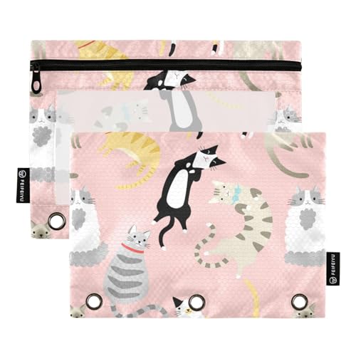 Wudan Katze Rosa Bunte Niedliche Cartoon 3 Ring Binder Bleistift Beutel 2 Pack Kunststoff Klar Kosmetik Tasche Bleistift Fall Binder Bürobedarf Zubehör von Wudan