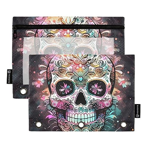 Wudan Mexiko Tag der Toten Pink Grün Cyan Lila 3 Ring Binder Federmäppchen 2 Pack Transparent Wasserdicht Kunststoff Federmäppchen mit Reißverschluss Kosmetiktasche Büro Dokument Organizer von Wudan