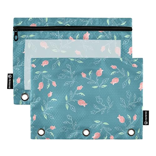 Wudan Nette Rosa Floral Retro Blau 3 Ring Binder Bleistift Tasche Set von 2 Wasserdichte Reißverschluss Aufbewahrungstasche Bleistift Fall Mit Löchern Schreibwaren Versorgung Zubehör von Wudan