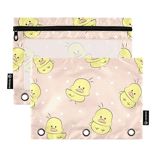 Wudan Niedliches kleines Huhn Punkte Rosa 3 Ring Binder Bleistift Beutel 2 Pack Wasserdichte Kunststoff Make-up Tasche Federmäppchen Mit Reißverschluss Bürobedarf Zubehör von Wudan