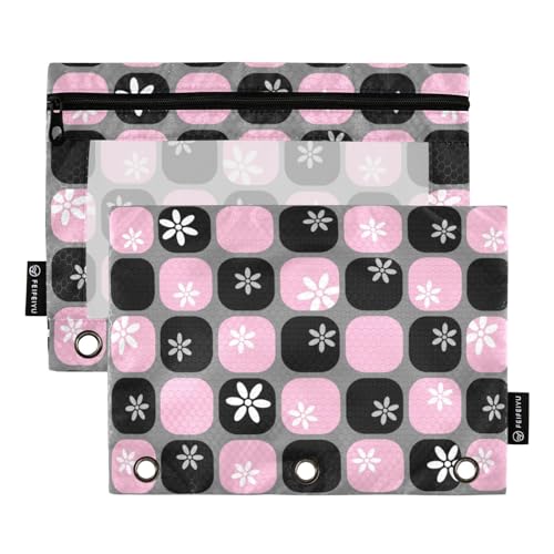 Wudan Plaid Cartoon Mode Rosa Schwarz 3 Ring Binder Bleistift Beutel 2 Pack Ordner Wasserdicht Bleistift Tasche Kunststoff Bleistift Fall Aufbewahrungsbehälter Büro Zubehör von Wudan