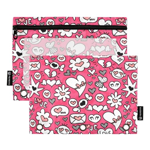 Wudan Romantische Valentine Herzen Rosa 3 Ring Binder Bleistift Tasche Set von 2 Wasserdicht Reißverschluss Bleistift Halter Pack Bleistift Fall Schreibwaren Liefert Lagerung Container von Wudan