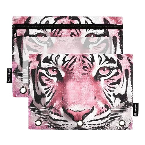 Wudan Tiger Farbverlauf Glitzer Dekoration Pailletten Rosa Lila Gelb 3 Ring Binder Federmäppchen 2 Pack Transparent Wasserdicht Kunststoff Federmäppchen mit Reißverschluss Kosmetiktasche Büro Dokument von Wudan