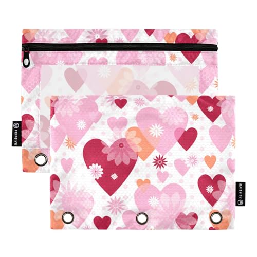 Wudan Valentine Federmäppchen, gepunktet, rosa Blumenherzen, 3 Ringe, 2 Stück, wasserdicht, recycelte Aufbewahrungstasche, Binder, Federmäppchen, Büro, Dokumenten-Organizer von Wudan