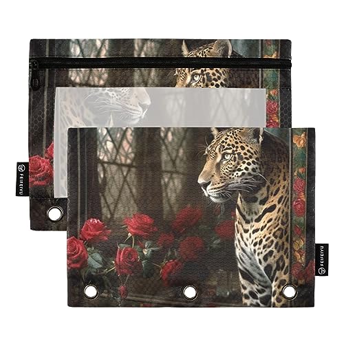 Wudan Vintage Romantische Rose Tier 3 Ring Binder Federmäppchen 2 Pack Transparent Wasserdicht Kunststoff Federmäppchen mit Reißverschluss Kosmetiktasche Büro Dokument Organizer von Wudan