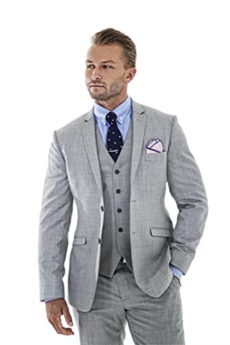 Wudli Herren 3 Stücke Leinen Anzug Slim Fit Sommer Hochzeit Smoking Retro Bräutigam Abschlussball Party Blazer Weste Hosen, Grau, M von Wudli