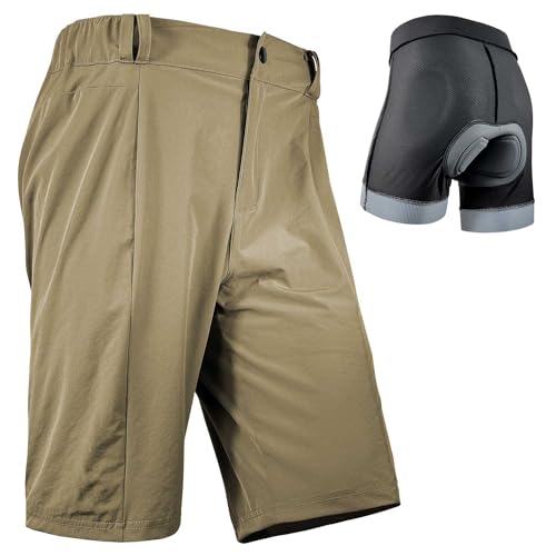 Wulibike Radhose Herren MTB Hose Kurz Fahrradhose Gepolstert 2 in 1 Mountainbike Shorts für Männer mit Polsterung Fahrrad Radfahrhose Reißverschlusstaschen Khaki XL von Wulibike