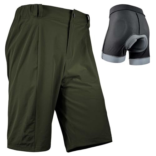 Wulibike Radhose Herren MTB Hose Kurz Fahrradhose Gepolstert 2 in 1 Mountainbike Shorts für Männer mit Polsterung Fahrrad Radfahrhose Reißverschlusstaschen Grün L von Wulibike