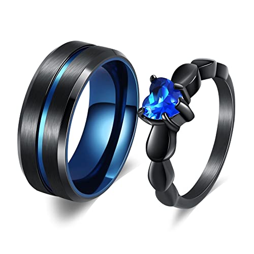 Wycian Partnerringe Schwarz Blau, Edelstahlringe mit Stein Damen Verlobungsring Herz Ring Saphir bff Ringe für 2 Mädchen Eheringe Titan Edelstahl 8mm 6mm von Wycian