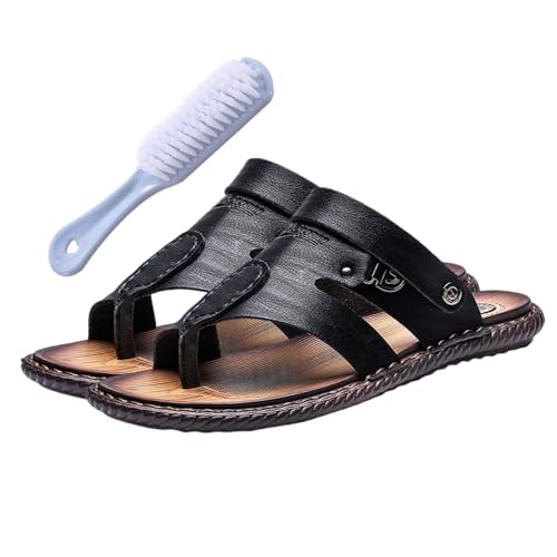 Herren-Sandalen, Flip-Flops, Männer Schuhe Leder Zehenring Stil Strand Bunion Corrector Sandalen, Papa-Geschenke, Weiche Slip-On-Hausschuhe Mit Großen Zehen, Zur Schmerzlinderung Bei(Color:Black,Size: von Wygwlg