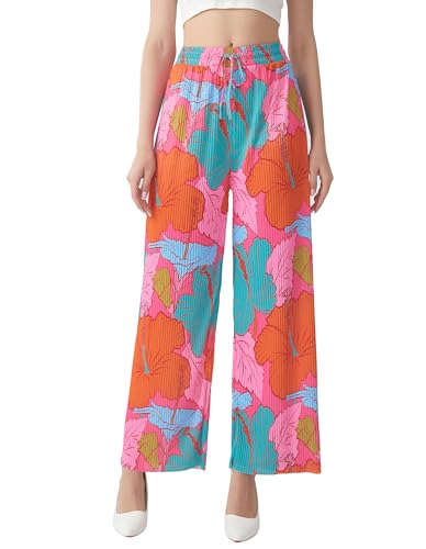 X-KEEP Damen Hose High Waist, Palazzo Hose,Sommer Hose mit weitem Bein,Plissee Hose,Boho, Leicht,mit elastischem Bund (S-M, orange) von X-KEEP