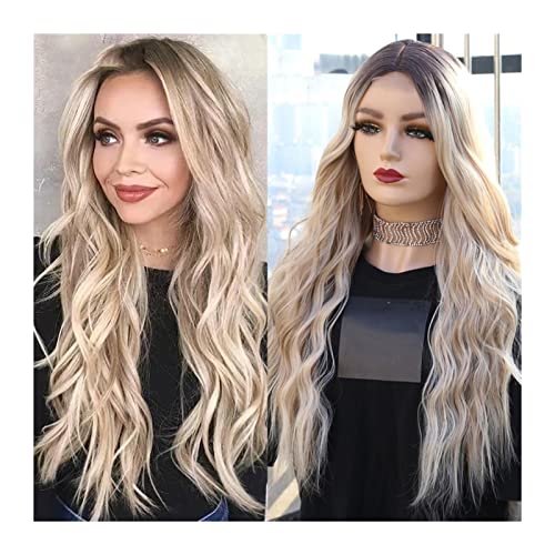 Perücke Blonde Körperwelle Synthetische Lace-Front-Perücke Mit Mittelscheitel 26 Zoll Lange Gewellte Synthetische Lace-Perücken Für Frauen Hochtemperaturfaser-Perücken Graue Perücken Für Frauen von XAoSCd