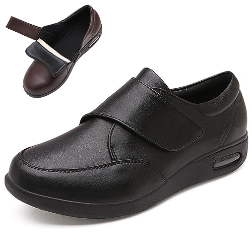 XAoSCd Diabetiker-Schuhe Für Herren, Breite Schuhe, Extra Breite Wanderschuhe Aus Leder Für Ödeme, Klettverschluss-Oxford-Schuhe Für Geschwollene Füße (Schwarze Herren 11) von XAoSCd