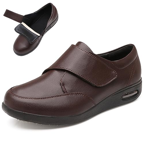 XAoSCd Herren-Diabetikerschuhe, Breite Schuhe, Extra Breite Leder-Wanderschuhe Für Ödeme, Klettverschluss-Oxford-Schuhe Für Geschwollene Füße (Braun, Herren 8/Damen 9) von XAoSCd