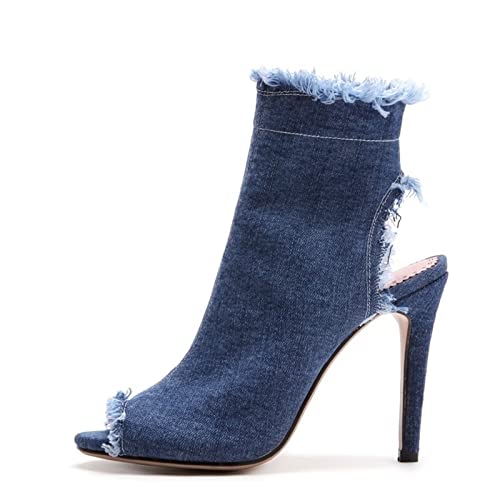 XCVFBVG Damenstiefel Fashion Street Lady Denim Ankle Boots For Women Pop Sexy Pumps Peep Toe Zipper Riding Boots High Heel Sandals(Size:38) von XCVFBVG