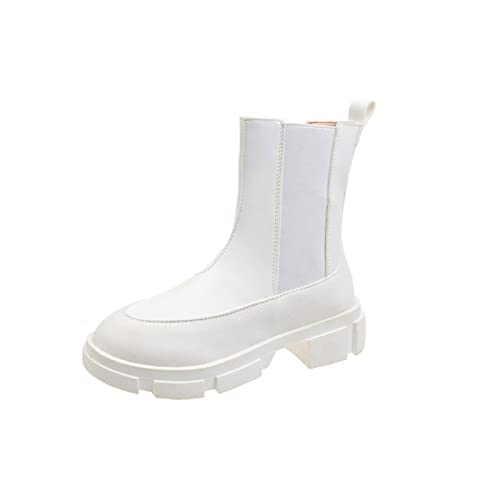 XCVFBVG Damenstiefel Herbst/Winter Mid-Calf Kurze Stiefel Frauen Mischfarben Elastische Stiefel Schwarz Plattformstiefel Keilstiefel(Color:White,Size:37) von XCVFBVG