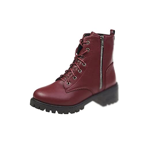 XCVFBVG Damenstiefel Motorradstiefel Damen Vintage Kampf Herbststiefel Armee Punk Goth Frauen Boots Frauen Biker Pu. Leder kurze Stiefel(Color:Red,Size:7 US) von XCVFBVG