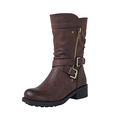 XCVFBVG Damenstiefel Motorradstiefel Frauen Herbst Punk Stiefel Weibliche Gotische Schnalle Kampftiefel Niete Niete Low-Top-Schuhe Winter(Color:Wine red,Size:36 EU) von XCVFBVG