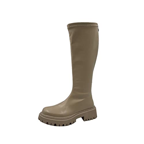 XCVFBVG Damenstiefel Winter Frauen Knie Hohe Stiefel Plattform Chunky Weibliche Langstiefel Weiche Leder Reißverschluss Lässig Rutsch(Color:Khaki,Size:37) von XCVFBVG