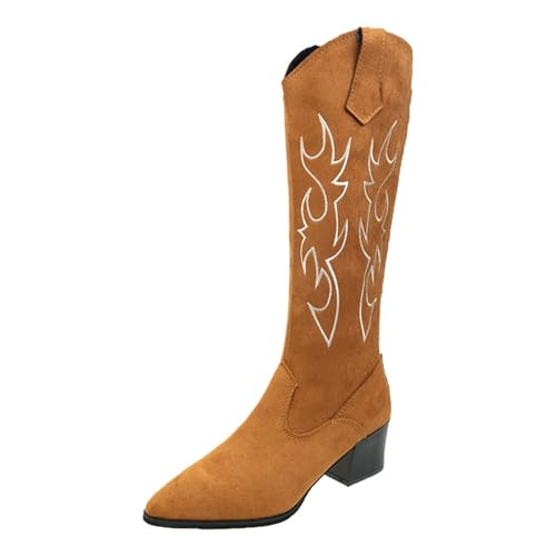 XCVFBVG Damenstiefel Women Western Cowboy Boots Pointed Women Printing Mid Calf Boots Spring Chunky Heel Wedges Knight Botas Feminina Women's Boots(Size:37) von XCVFBVG