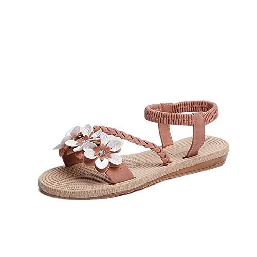 XCVFBVG Modische Sandalen für Damen Sommerschuhe Damen Sandalen Elastische Knöchelriemen Wohnung Sandalen Floral Beach Sandalen Damen(Color:Pink,Size:6.5) von XCVFBVG