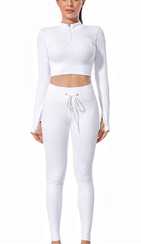 XDSP Damen Sportanzüge Sport Sets Sport Jogginganzug Sport Sets Yoga-Klage Leggings und Stretch Fitness-Set Reißverschluss Trainingsanzug Fitnessstudio, Laufen, Yoga(Weiß 3 L) von XDSP