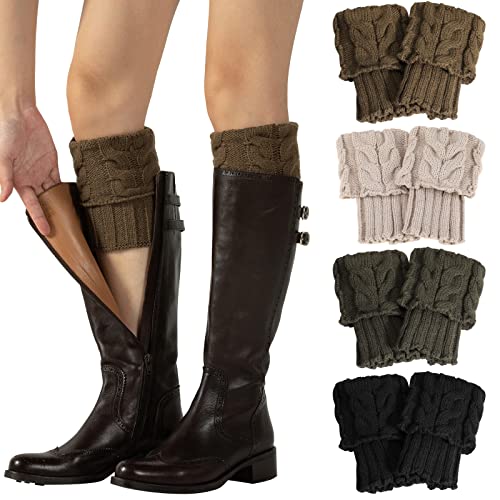 XEPST 4 Paar Winter Stulpen Damen Gestrickte Beinwärmer, Stricken Häkelarbeit Kurze Leg Warmers Mädchen Stiefel Boot Abdeckung für Winterwärmer - Schwarz, Dunkelgrau, Khaki, Beige von XEPST