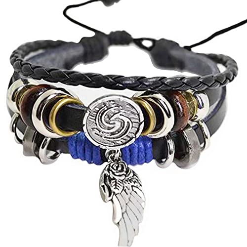 Männer Armband Leder Armreif Armbänder, Armbänder, Armband für Damen, Adlerflügel-Feder-Knöchelarmbänder für Damen, drahtumwickelt, 3-strängige Vintage-Armbänder aus echtem Leder, Unisex-Armband, mag von XFGFDFF