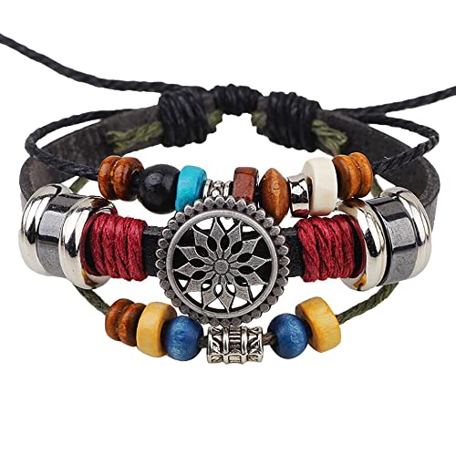 Männer Armband Leder Armreif Armbänder, Armbänder, Armband für Damen, Vintage-Böhmen-Perlenarmband für Damen und Herren, mehrschichtige handgewebte Armbänder, stapelbares Armband, Lederkordel-Wickela von XFGFDFF