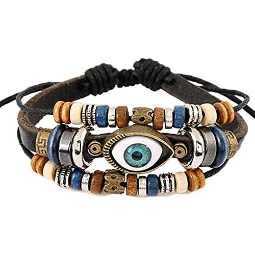 Männer Armband Leder Armreif Armband-Set, Armbänder für Damen, Armband für Damen, mehrschichtiges Lederarmband, geflochtenes Seilarmband, verstellbare Leder-Armbänder mit türkisfarbenen Perlen, Vinta von XFGFDFF