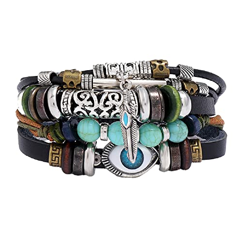 XFGFDFF Herren Armband Armbänder,Paararmbänder,Armband Für Frauen,Punk Türkische Blaue Halskette Armband Armband Schichtgeflecht Leder Ahornblatt Armreif Ethnischer Schmuck Für Armband Für W von XFGFDFF