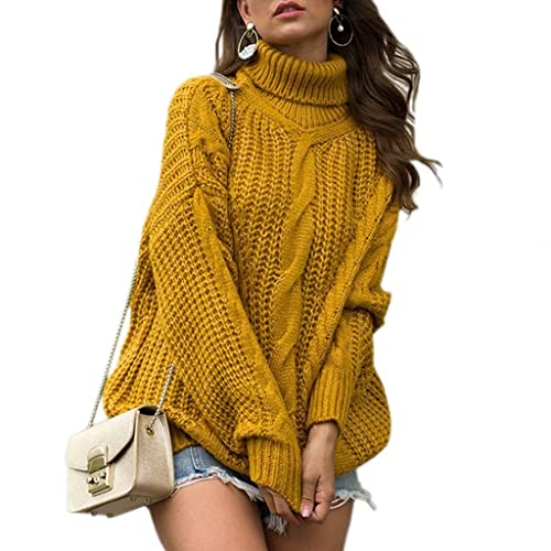 XIAOCILAO Damen Rollkragen Strick Langarm Grob Zopfpullover Casual Lose Pullover Pullover Tops S-XL, gelb, L von XIAOCILAO